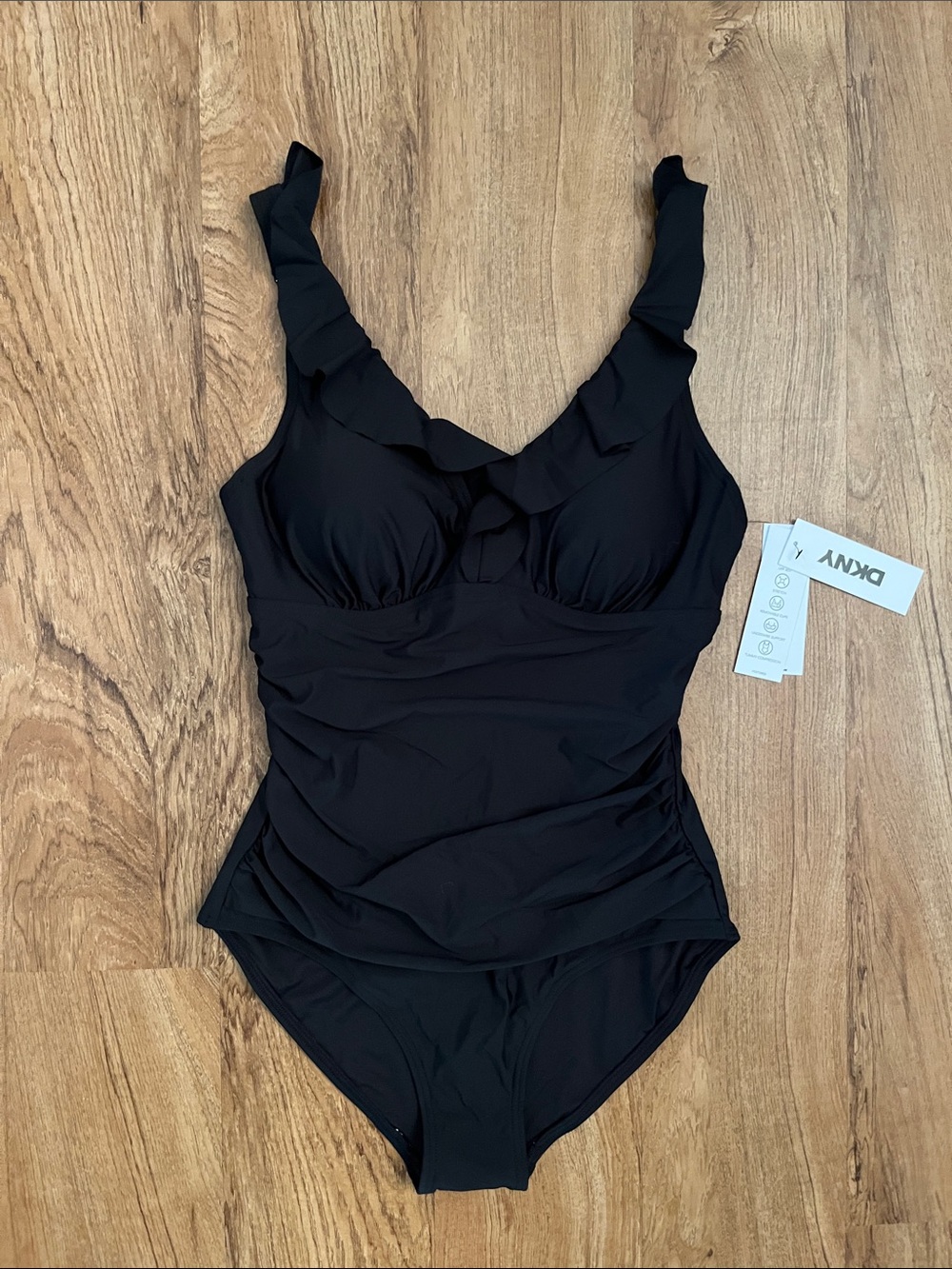 NWT DKNY Ruffle Plunge Underwire Tummy Control One Piece Swimsuit Black - Picture 3 of 10
